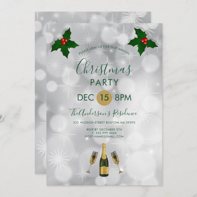Holly Berries And Champagne Invitation (Front/Back)