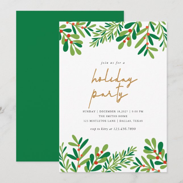 Holly Berries and Ferns Christmas Party Invitation (Front/Back)
