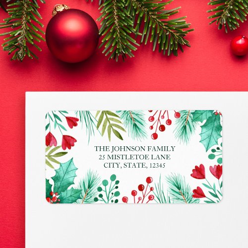 Holly Berries and Green Leaves Watercolor Label
