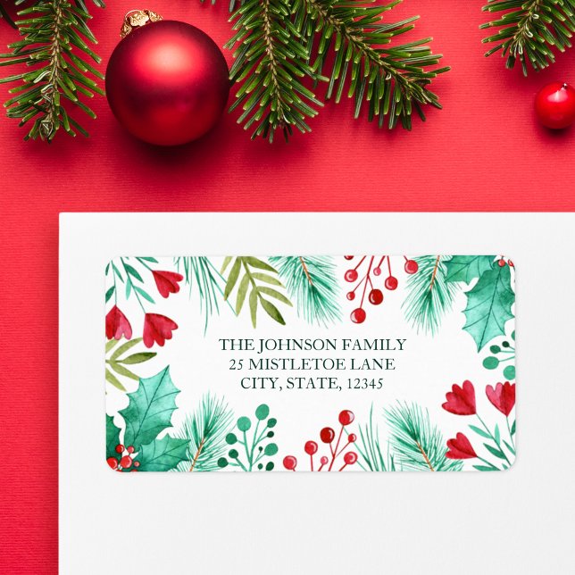 Holly, Berries and Greenery in Watercolor Label (Holly, Berries and Green Leaves Watercolor Label)