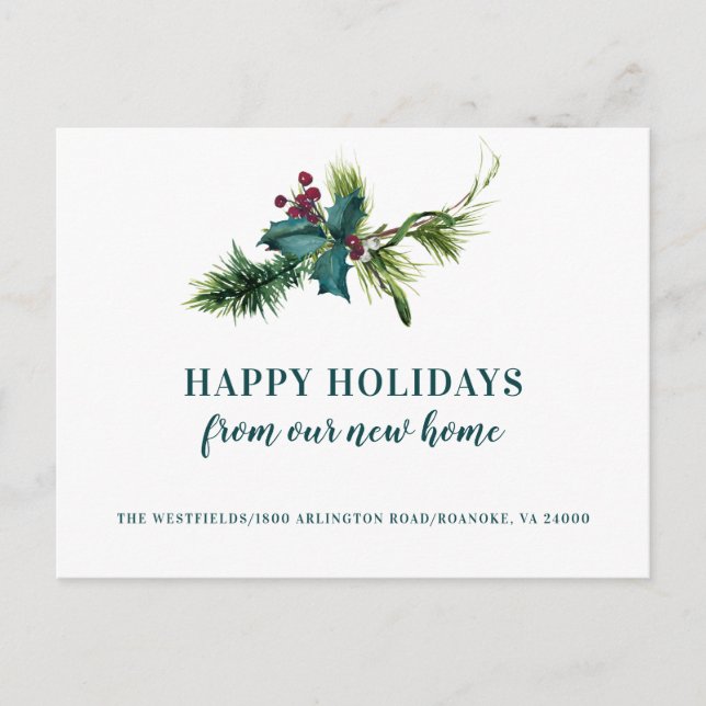 Holly Berries and Pine New Home Holiday Moving Announcement Postcard (Front)