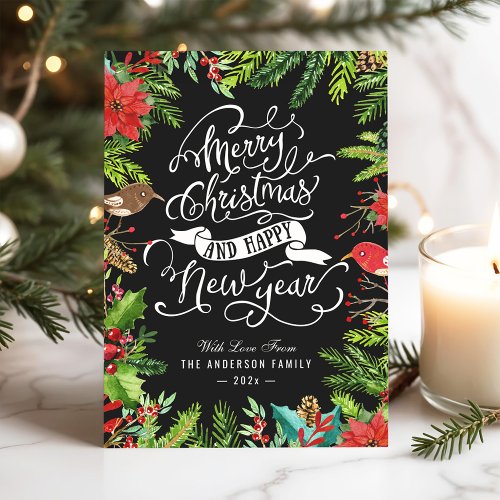 Holly Berries and Pines | Merry Christmas New Year Holiday Card
