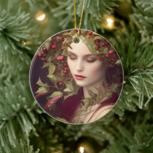 Holly Berries Beautiful Woman Christmas Ceramic Ornament