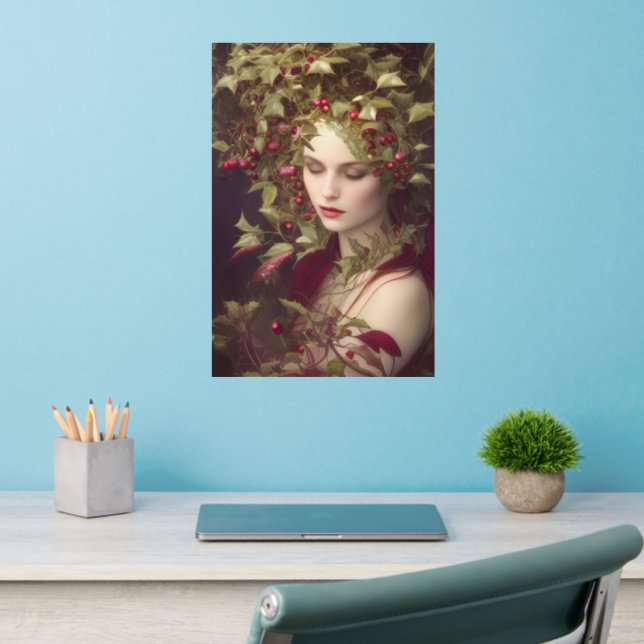 Holly Berries Beautiful Woman  Christmas   Wall Decal (Home Office 2)