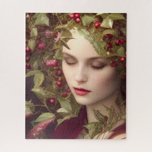 Holly Berries Beautiful Woman Holiday    Jigsaw Puzzle