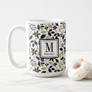 Holly Berries Black Gold Name Monogram Christmas Coffee Mug