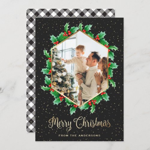 Holly Berries Black Gold Plaid Photo Christmas Holiday Card