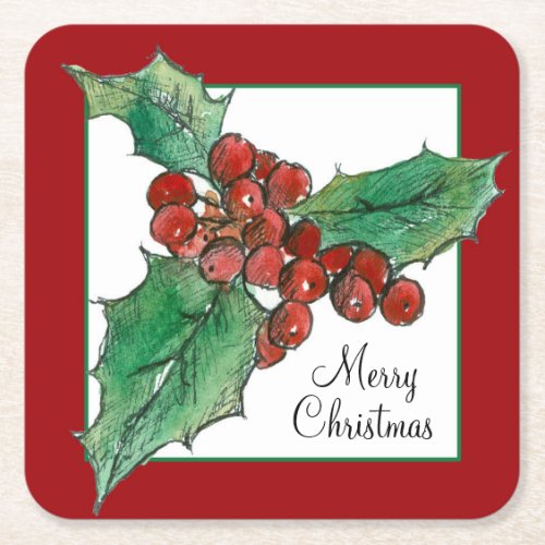 Holly Berries Botanical Plant Art Merry Christmas Square Paper Coaster