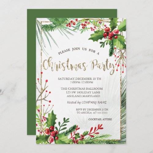 Holly Berries Branches Company Christmas Party  Invitation