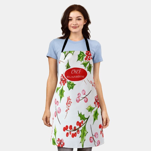 Holly Berries Branches Holiday Apron (Worn)