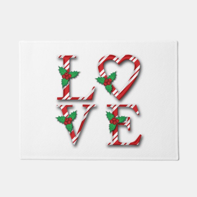 Holly Berries Candy Cane Stripes Love Christmas Doormat (Front)