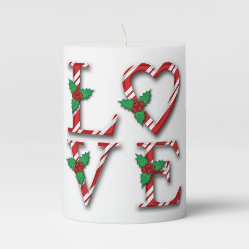 Holly Berries Candy Cane Stripes Love Christmas Pillar Candle