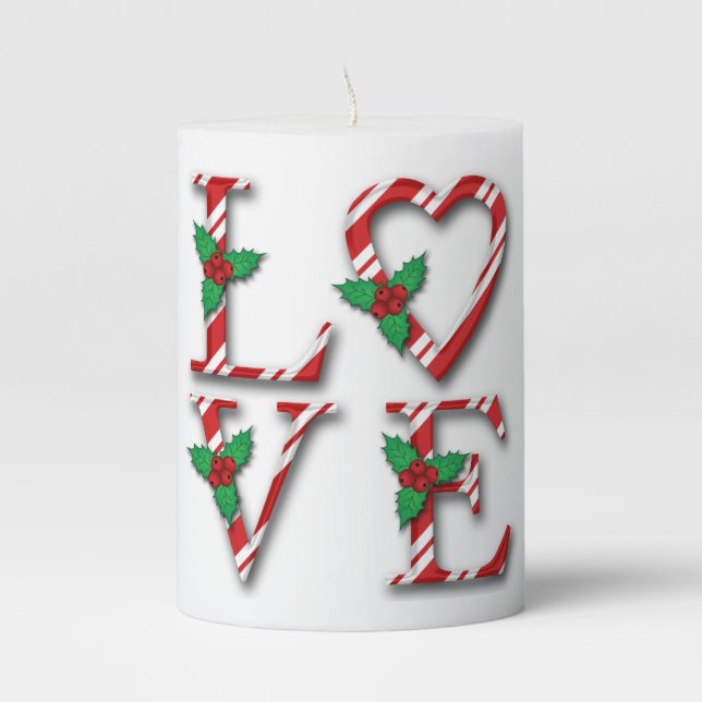 Holly Berries Candy Cane Stripes Love Christmas Pillar Candle (Front)