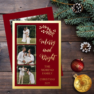 Holly Berries Christmas 4 Photo Merry and Bright Foil Holiday Card