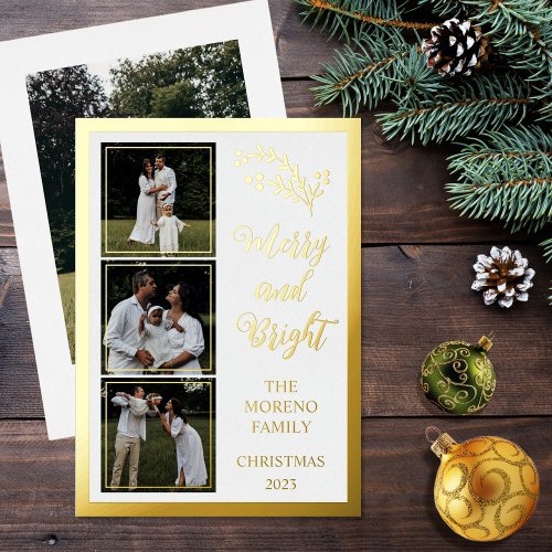 Holly  Berries Christmas 4 Photo Merry and Bright Foil Holiday Card