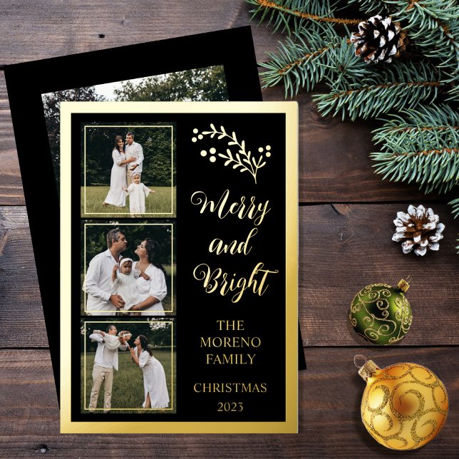 Holly | Berries Christmas 4 Photo Merry and Bright Foil Holiday Card (Boho chic minimalist four-photo collage "Merry and Bright" black and gold foil holiday card)
