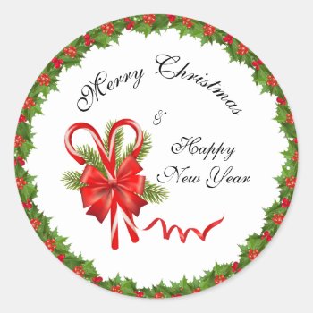 Holly Berries Christmas And Candy Canes Classic Round Sticker by ChristmaSpirit at Zazzle