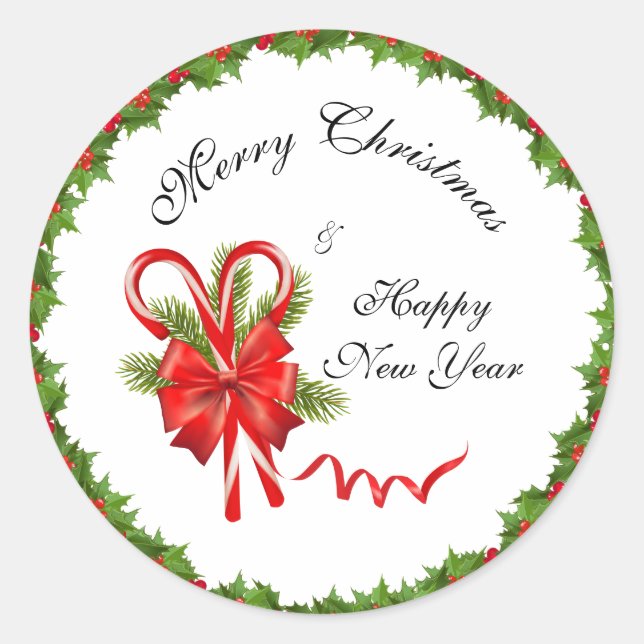 Holly Berries Christmas and Candy Canes Classic Round Sticker (Front)