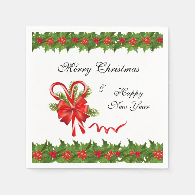 Holly Berries Christmas and Candy Canes Paper Napkins (Front)