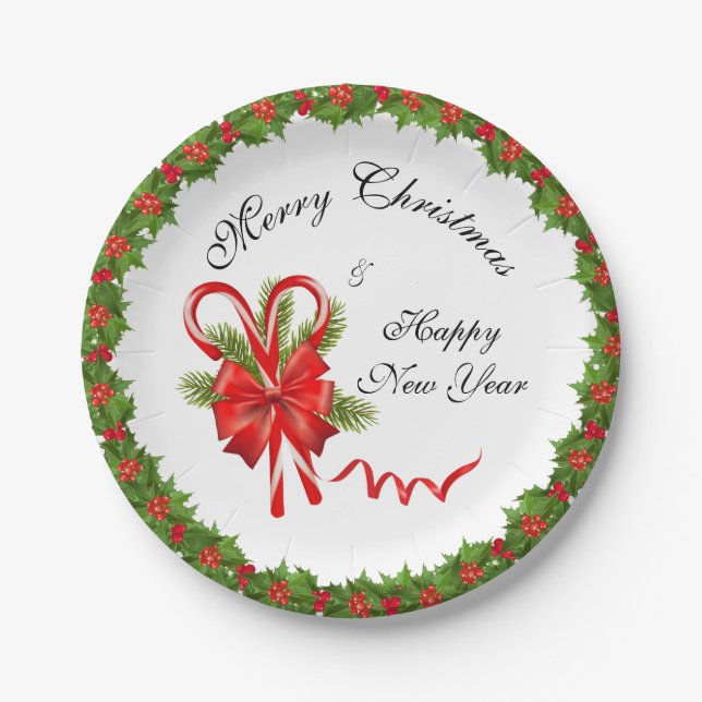 Holly Berries Christmas and Candy Canes Paper Plates (Front)