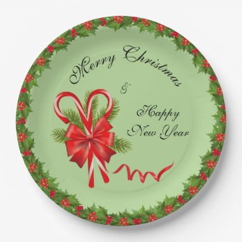 Holly Berries Christmas And Candy Canes Paper Plates by ChristmaSpirit at Zazzle