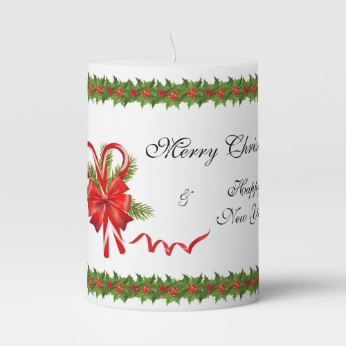Holly Berries Christmas and Candy Canes Pillar Candle