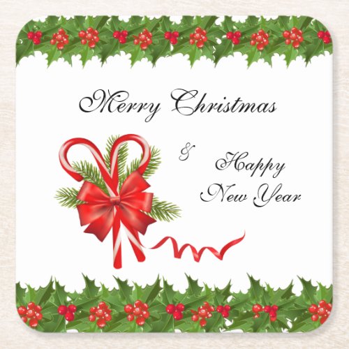 Holly Berries Christmas and Candy Canes Square Paper Coaster