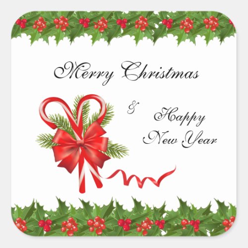 Holly Berries Christmas and Candy Canes Square Sticker