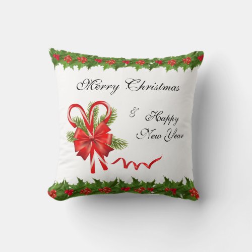 Holly Berries Christmas and Candy Canes Throw Pillow