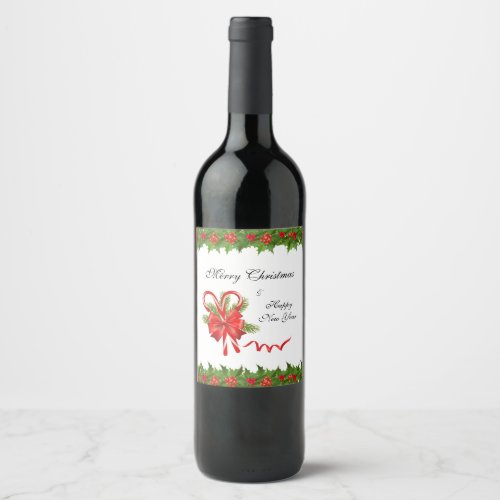Holly Berries Christmas and Candy Canes Wine Label