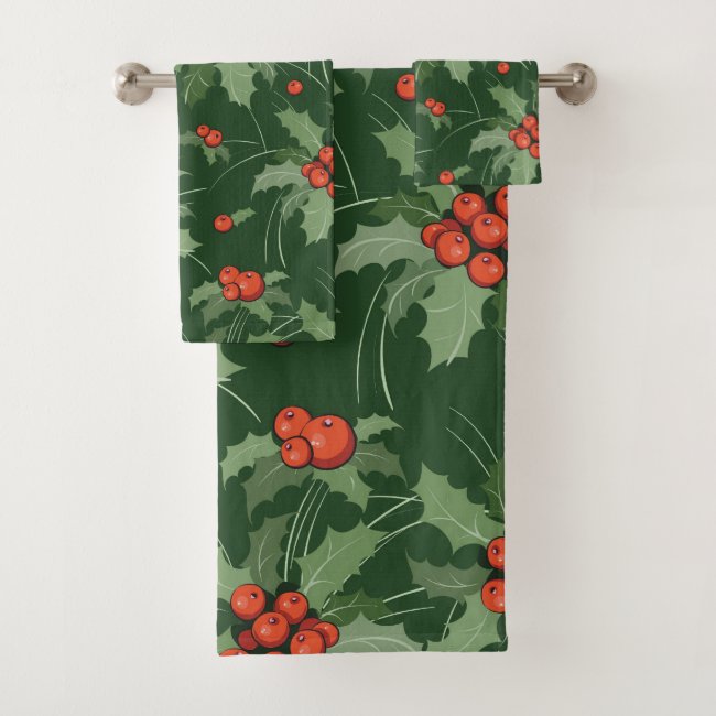 Holly Berries Christmas Design Bath Towel Set