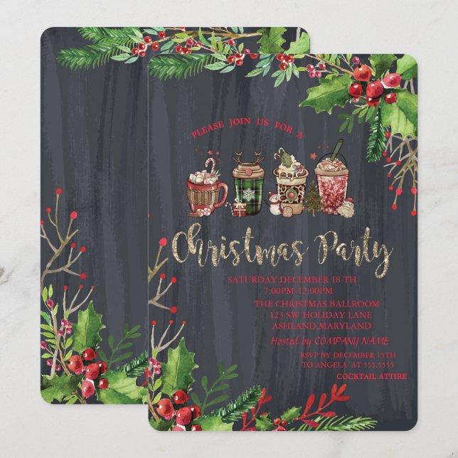 Holly Berries,Christmas Drinks Company Christmas  Invitation (Front/Back)