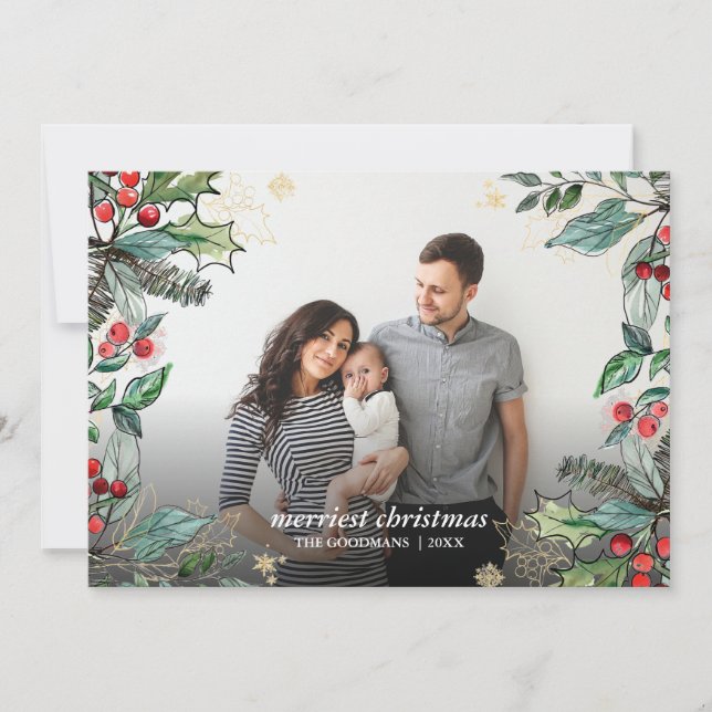 Holly Berries Christmas Framed Full Photo Holiday Card (Front)