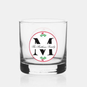 Holly Berries Christmas Holiday Monogram Family Whiskey Glass