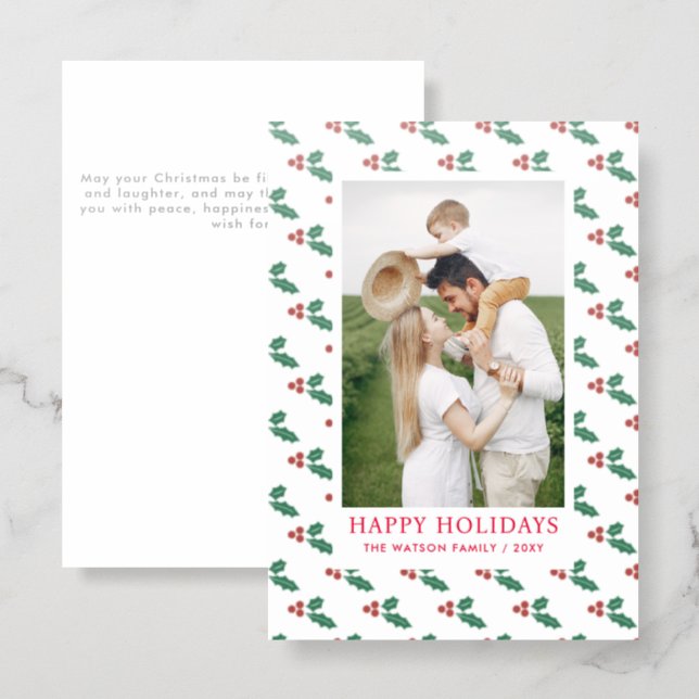 Holly Berries Christmas Holidays Photo  Letterpress Photo Cards (Front/Back)