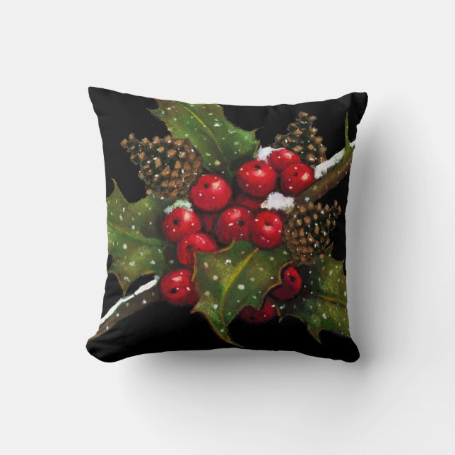 Holly Berries: Christmas Painting on Black: Art Throw Pillow (Front)