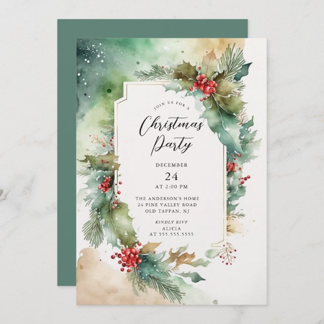 Holly & Berries Christmas Party Invitation (Front/Back)