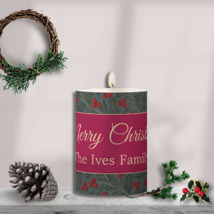 Holly Berries Christmas Pillar Candle
