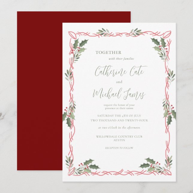 Holly Berries Christmas Theme Wedding Invitation (Front/Back)