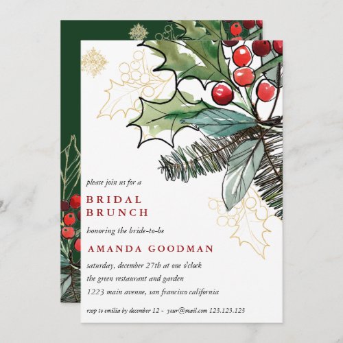 Holly Berries Christmas Wedding Bridal Brunch Invitation