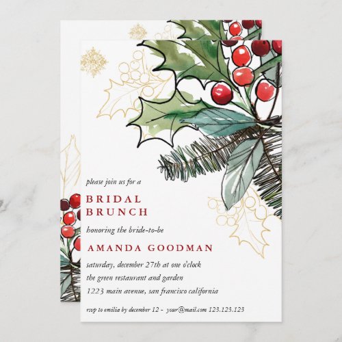 Holly Berries Christmas Wedding Bridal Brunch Invitation