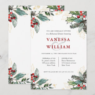 Holly Berries Christmas Wedding  Rehearsal Dinner Invitation