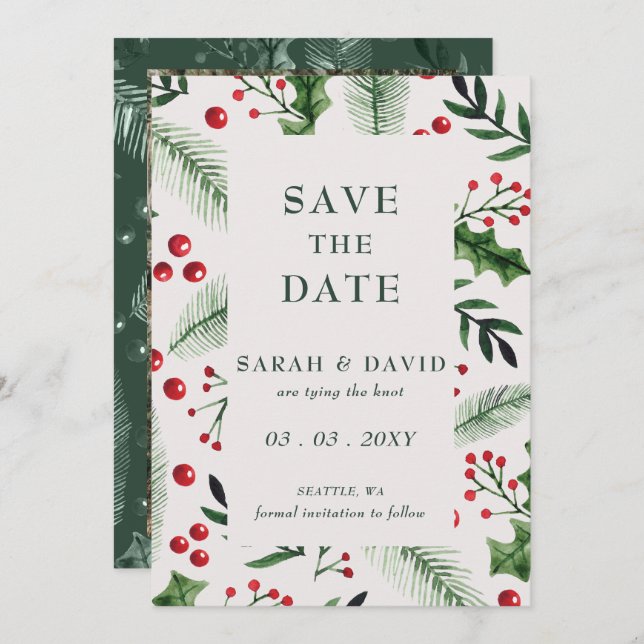 Holly Berries Christmas Winter Photo Save The Date (Front/Back)
