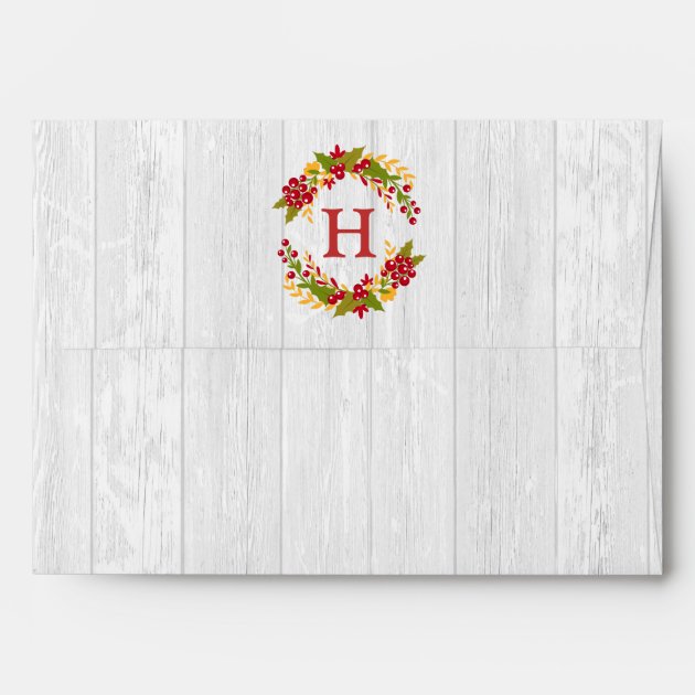 Holly Berries Christmas Wreath White Wood Monogram Envelope