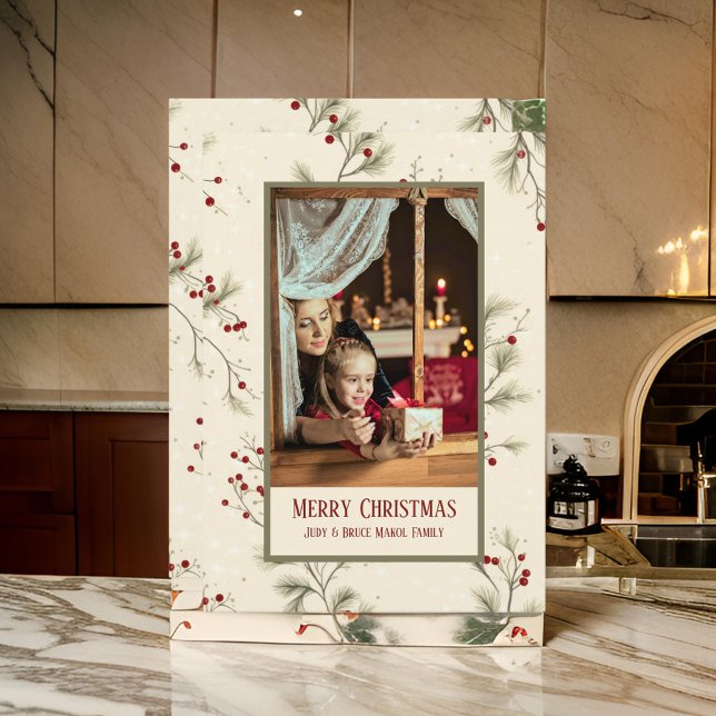 Holly Berries Cream Minimalist  Flat Holiday Card (Creator Uploaded)