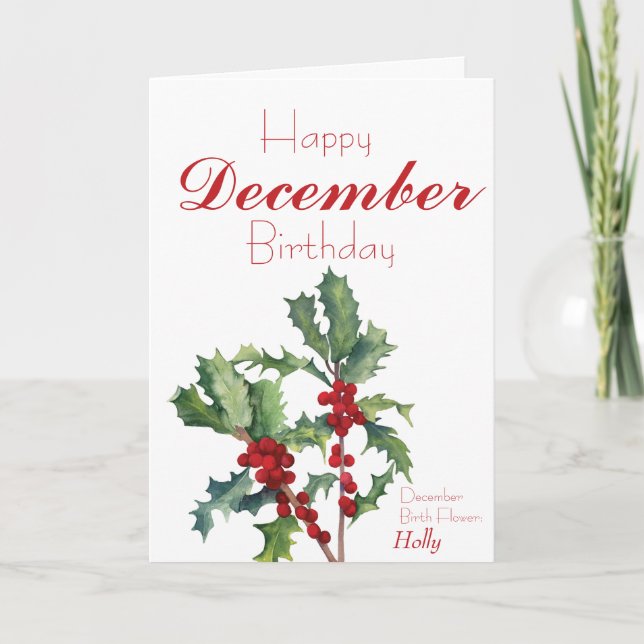 Holly Berries December Birthday Card (Front)