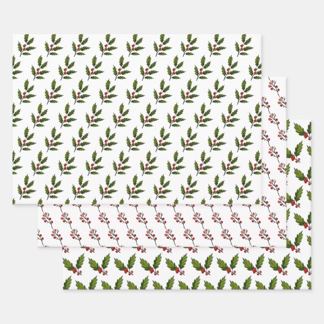 Holly Berries Design Wrapping Paper Sets