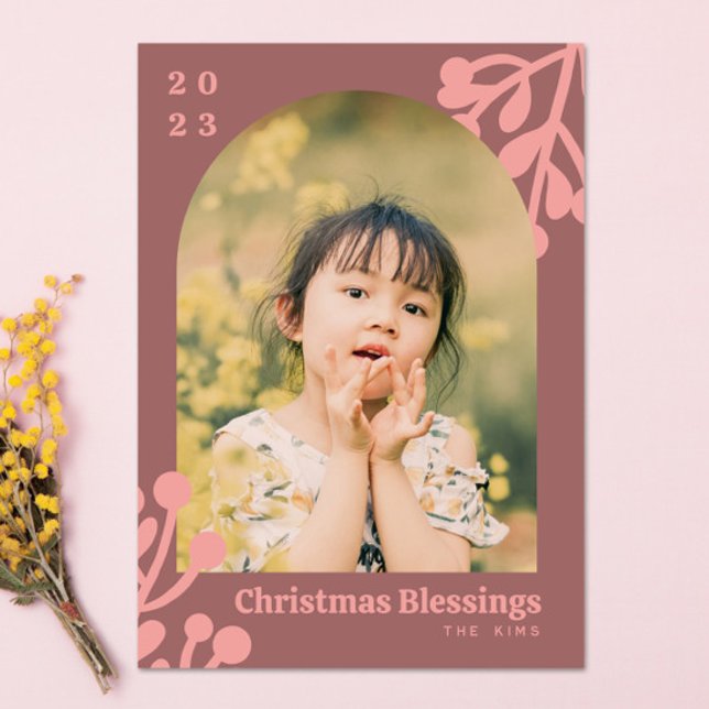 Holly Berries Dusty Pink Christmas Photo Arch Holiday Card (Creator Uploaded)