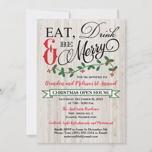 Holly Berries Eat Drink and Be Merry Party Invitation