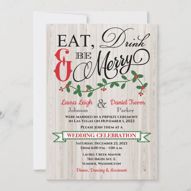 Holly, Berries, Eat, Drink, and Be Merry Wedding Invitation (Front)